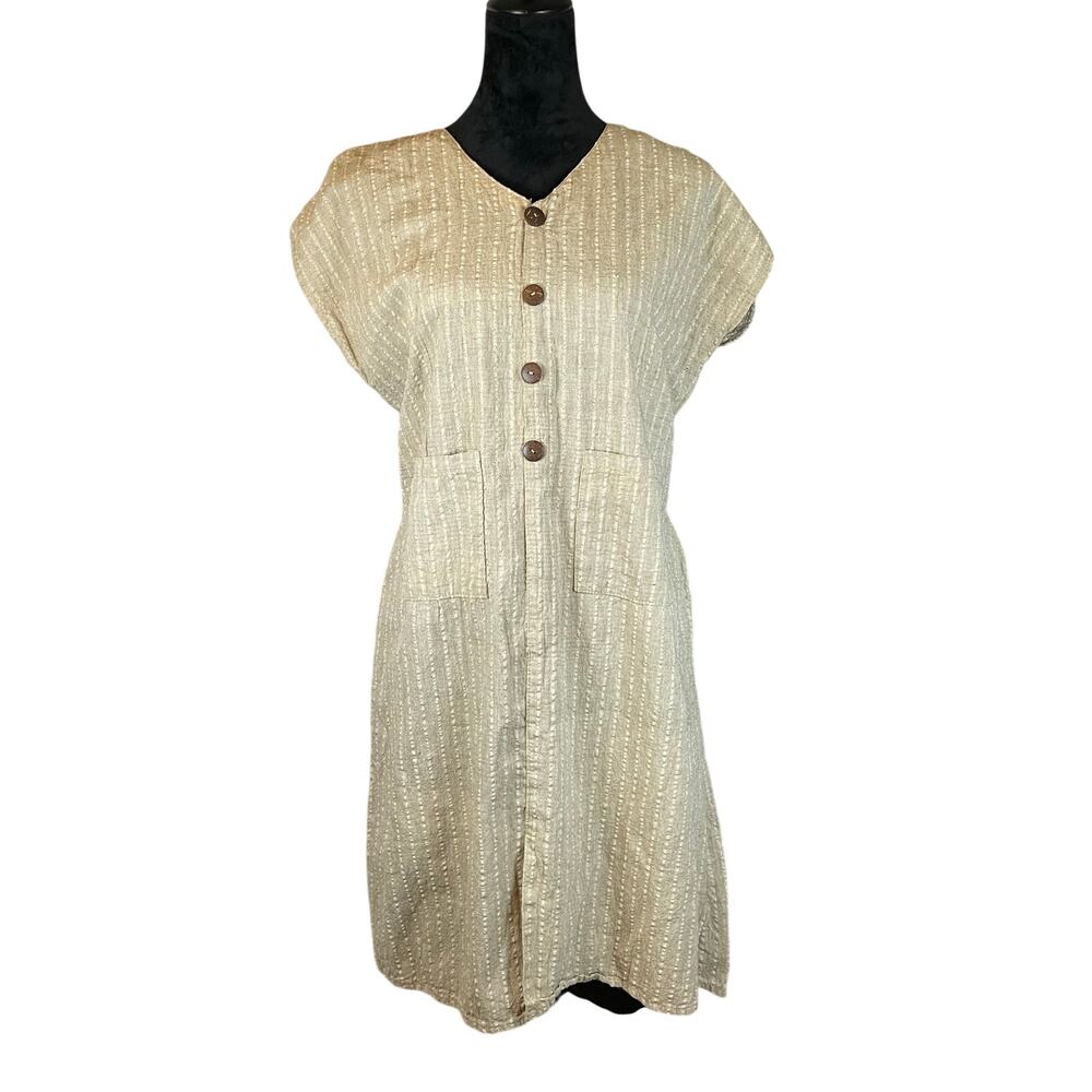 Vintage Artisan Linen Striped Midi Dress Tan Beige Button Front XL Women’s